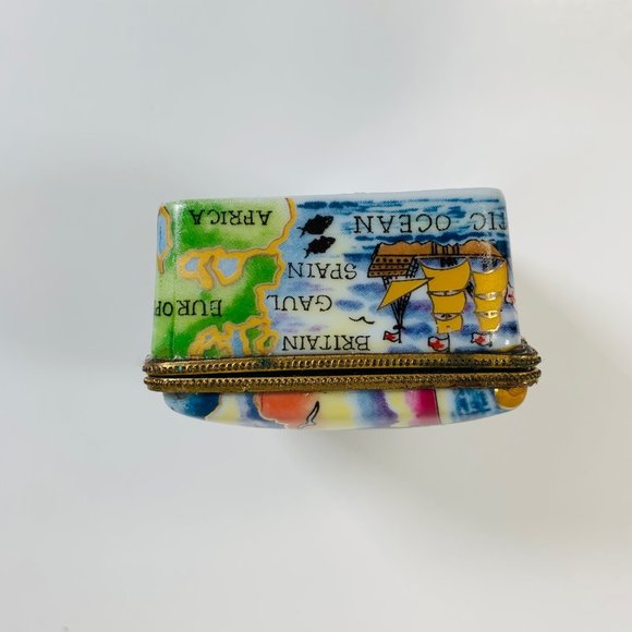VTG Agiftcorp Boston Trinket Box Clipper Ship 2" Map of World Gold Tone Flower - Picture 14 of 16